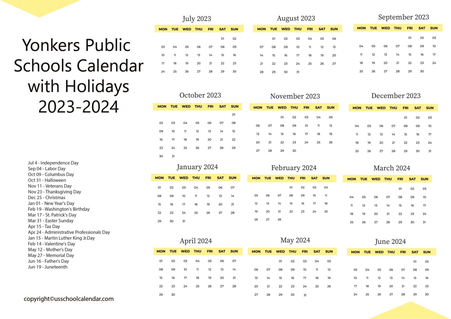 Yonkers Public Schools Calendar with Holidays 20232024