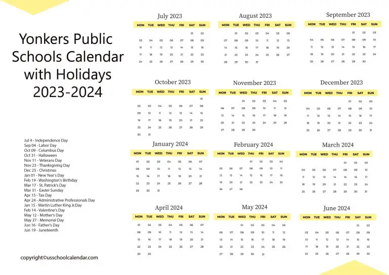 Yonkers Public Schools Calendar with Holidays 20232024