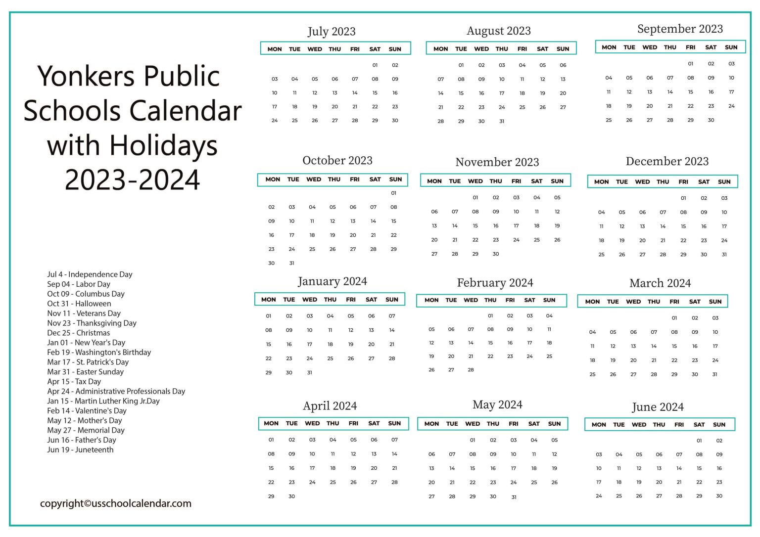 Yonkers Public Schools Calendar With Holidays 2023 2024