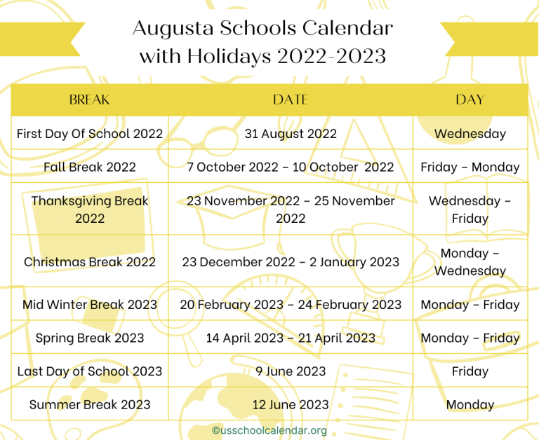 Augusta Schools Calendar with Holidays 2022 2023