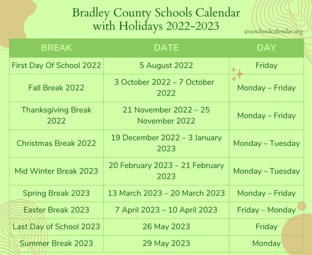 Bradley County Schools Calendar with Holidays 2022-2023