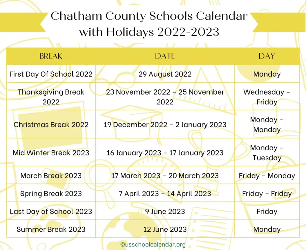 Chatham County Schools Calendar with Holidays 2022-2023