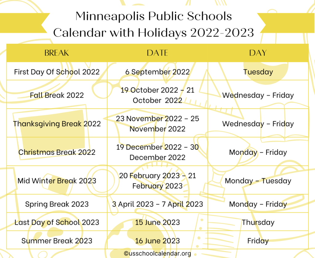 Minneapolis Public Schools Calendar with Holidays 2022-2023