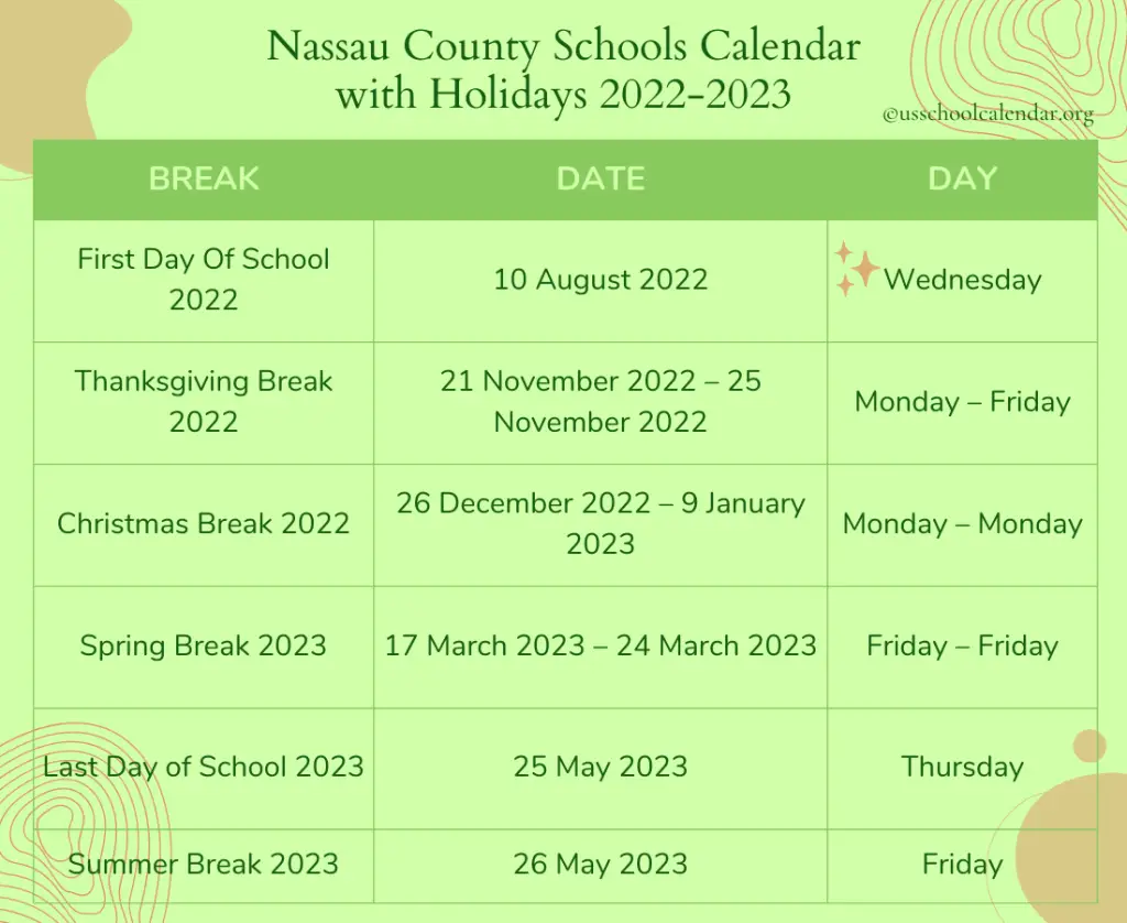 Nassau County Schools Calendar with Holidays 2022-2023