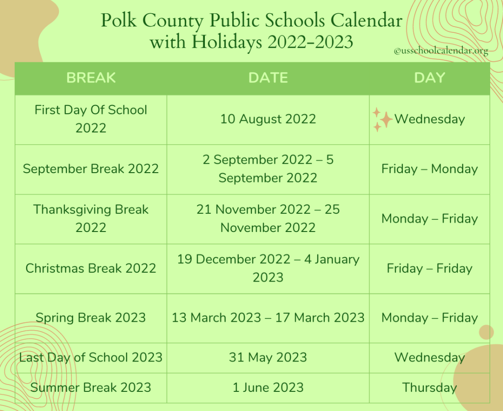 Polk County Public Schools Calendar with Holidays 2022-2023
