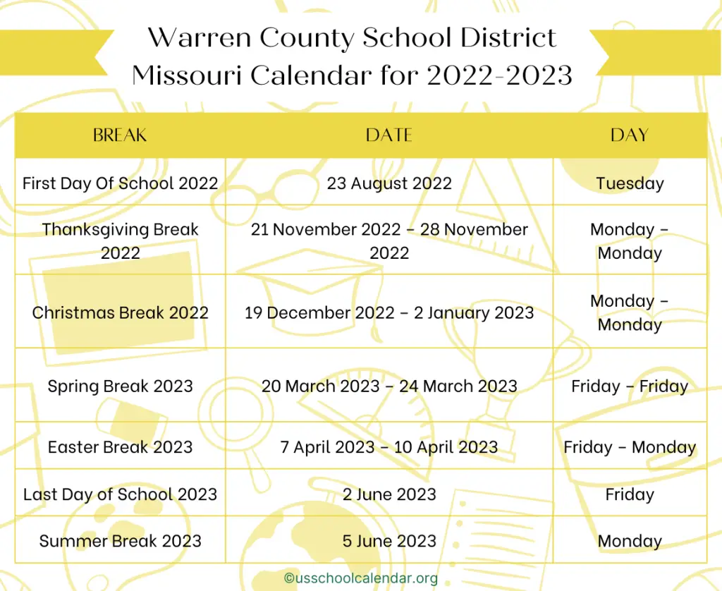 Warren County School District Missouri Calendar for 2022-2023