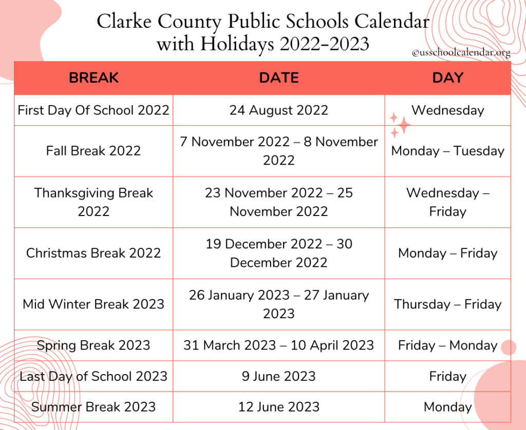 Clarke County Public Schools Calendar with Holidays 2022-2023
