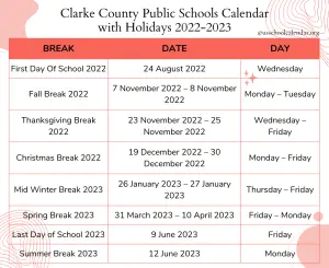 Clarke County Public Schools Calendar with Holidays 2022-2023