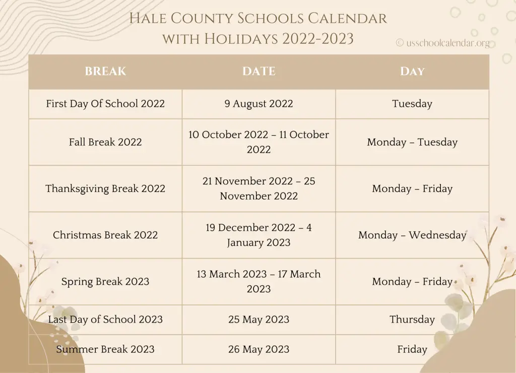 Hale County Schools Calendar with Holidays 2022-2023