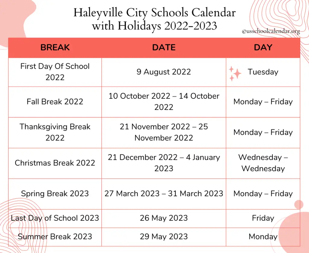 Haleyville City Schools Calendar with Holidays 2022-2023