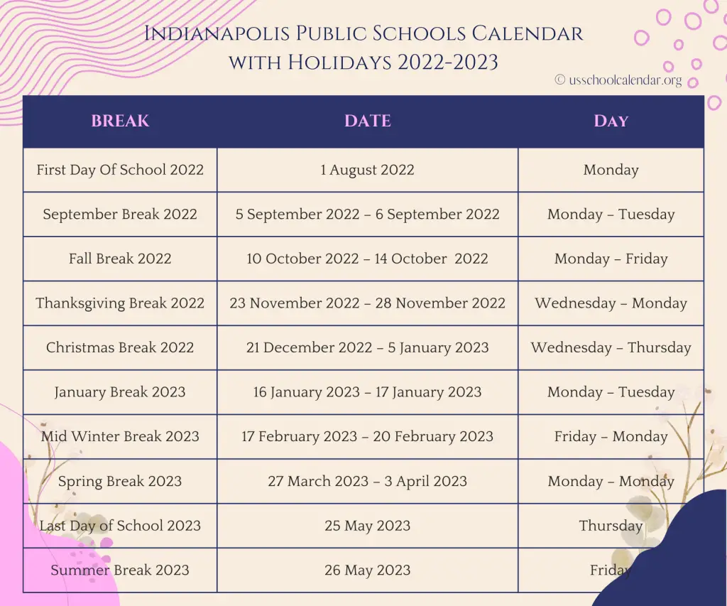 Indianapolis Public Schools Calendar with Holidays 2022-2023