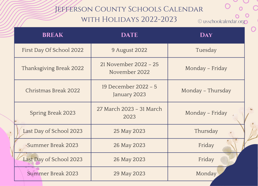 Jefferson County Schools Calendar with Holidays 2022-2023