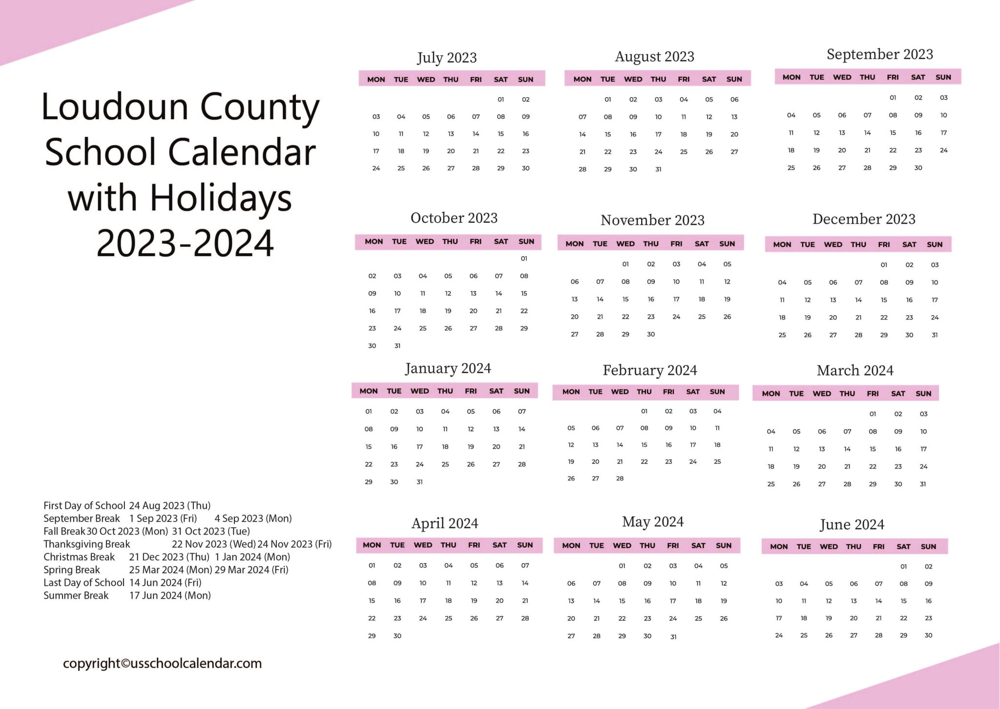 Loudoun County School Calendar with Holidays 20232024
