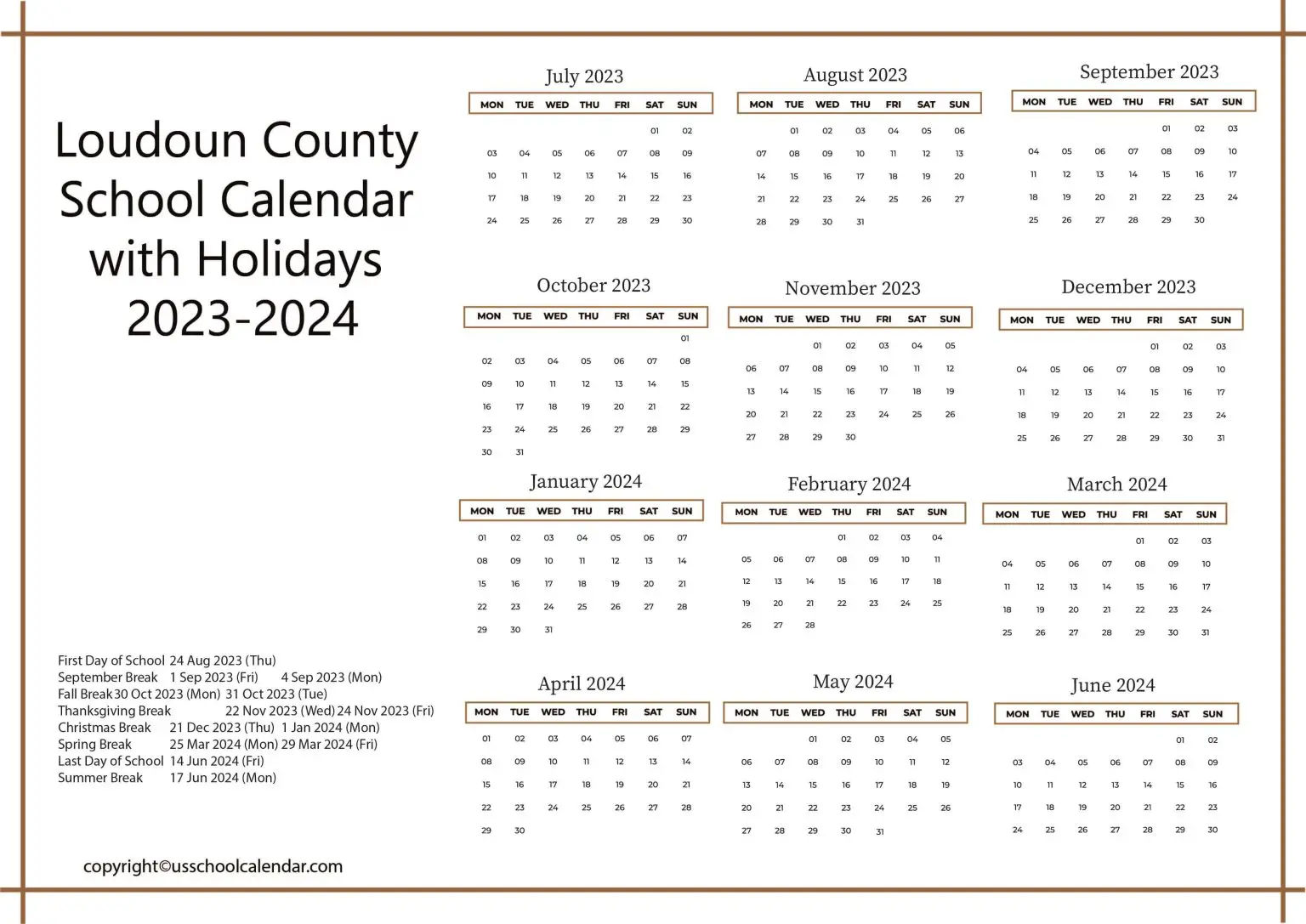 Loudoun County School Calendar with Holidays 20232024
