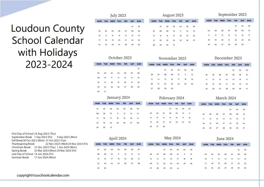 Loudoun County School District Calendar