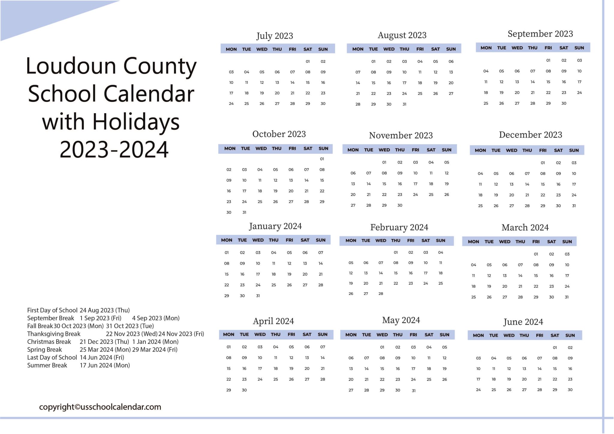 Loudoun County School Calendar with Holidays 20232024