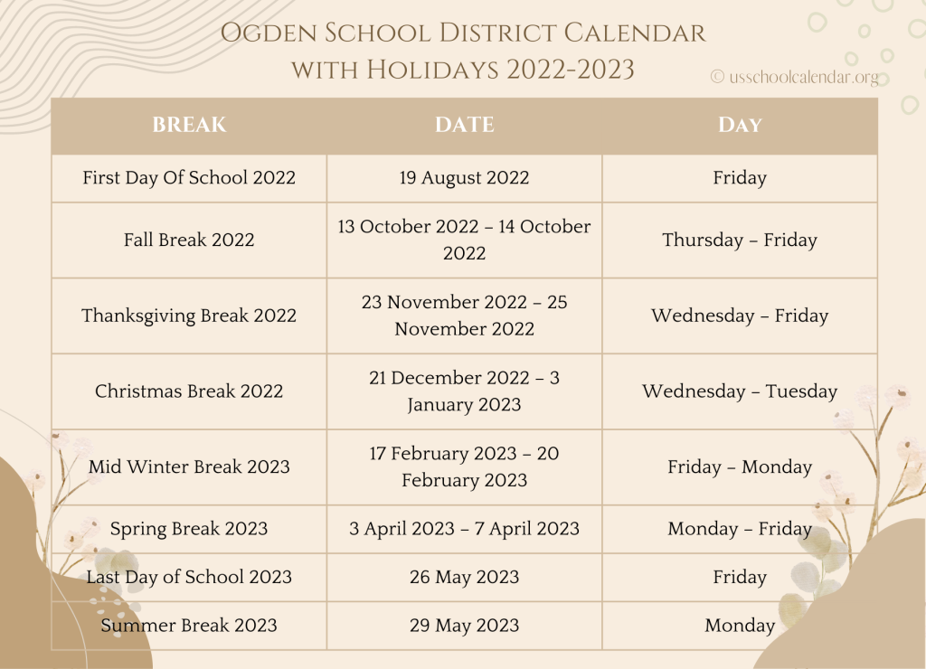 Ogden School District Calendar with Holidays 2022-2023