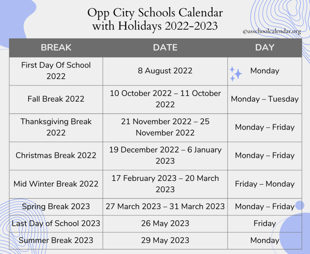 Opp City Schools Calendar with Holidays 2022-2023