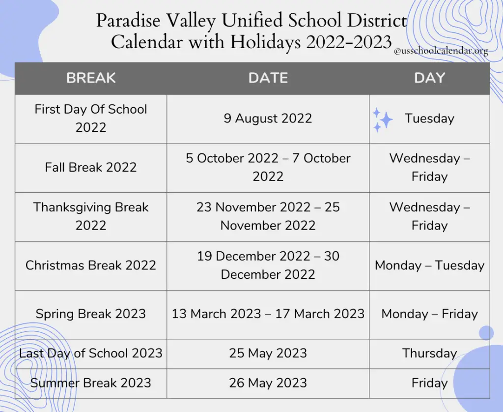 Paradise Valley Unified School District Calendar with Holidays 2022-2023
