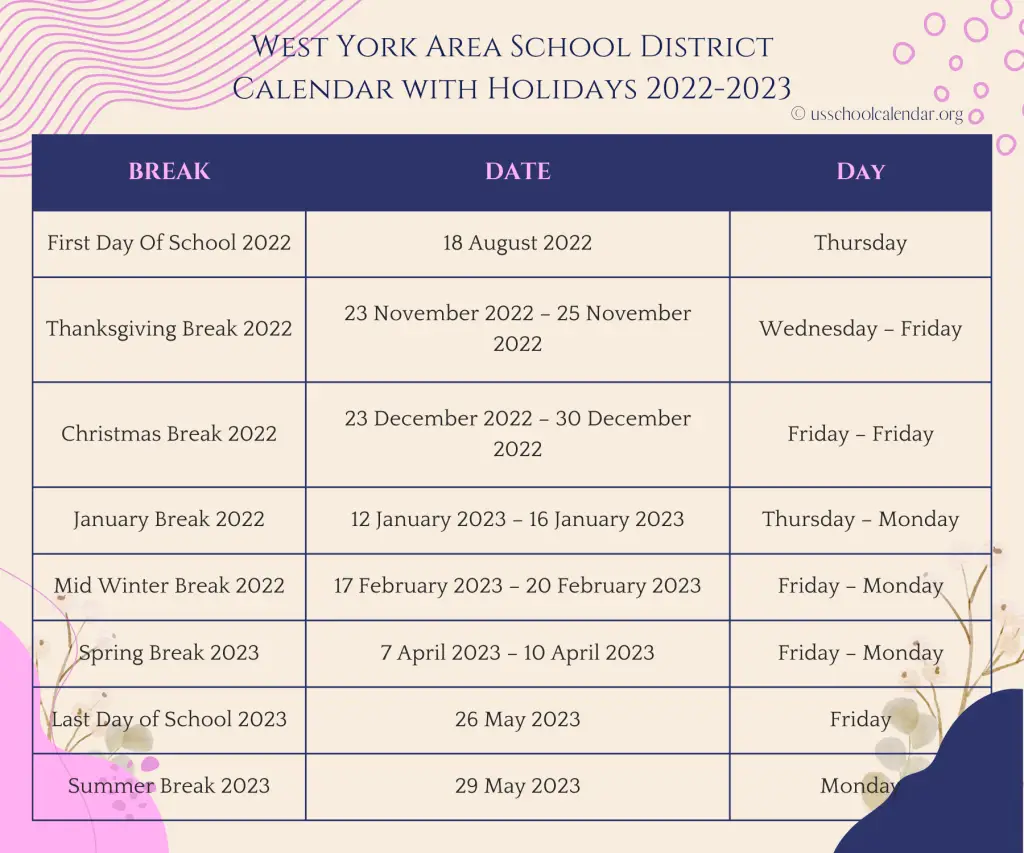 West York Area School District Calendar with Holidays 2022-2023