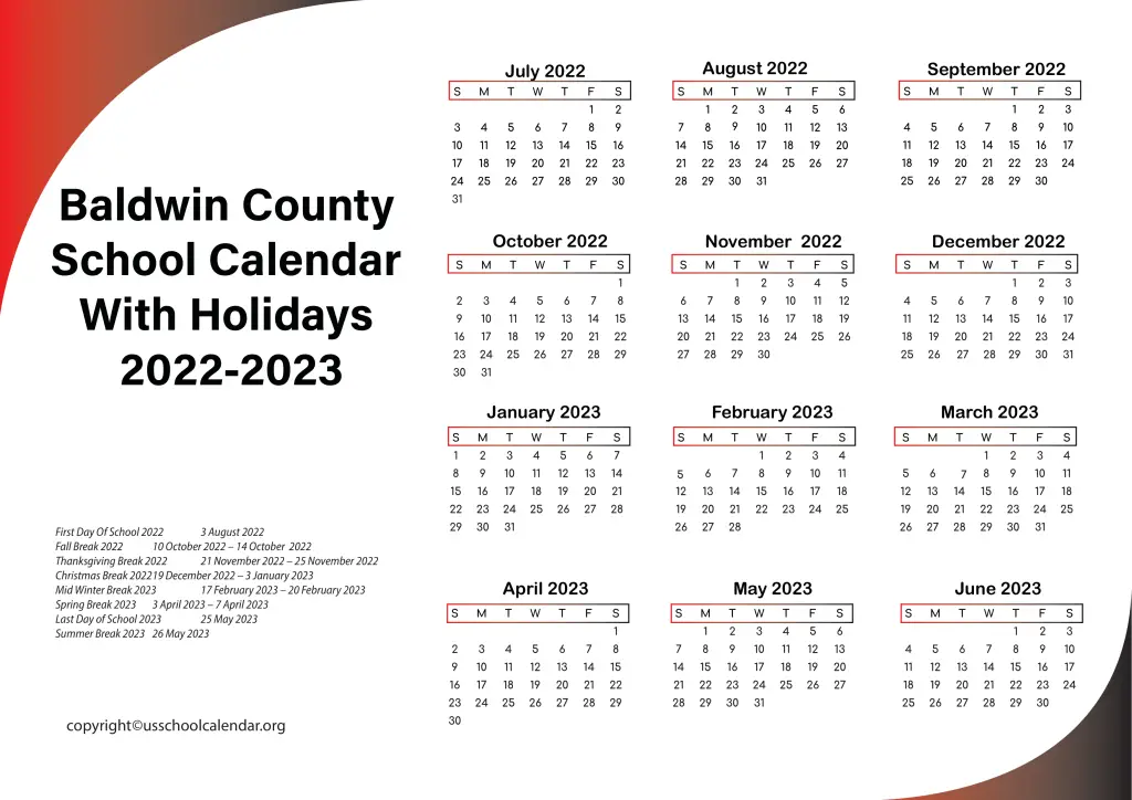 Baldwin County School Calendar With Holidays 2022-2023