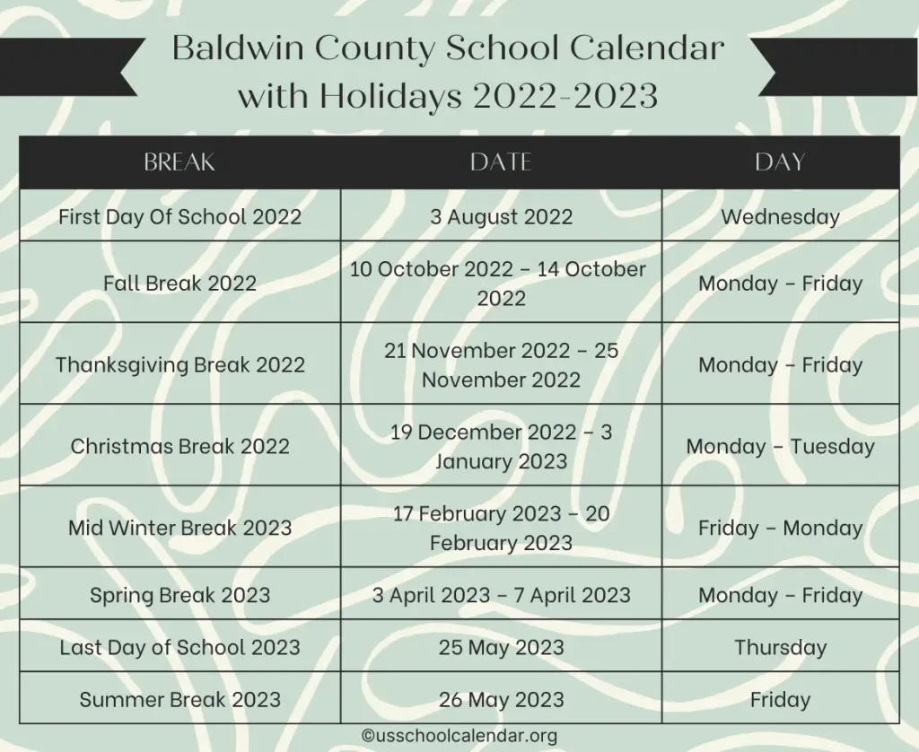 Baldwin County School Calendar with Holidays 2022-2023