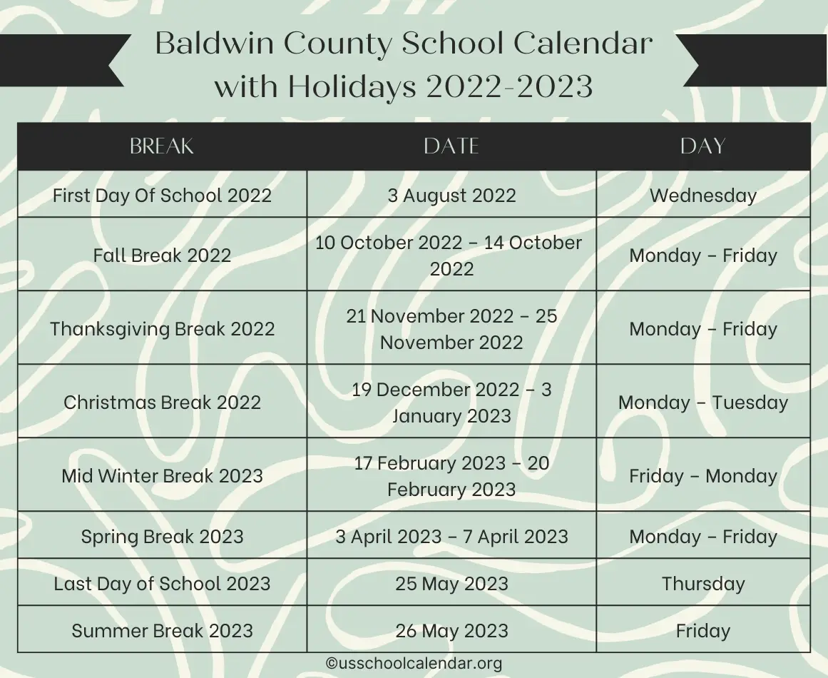 Baldwin County School Calendar With Holidays 20222023