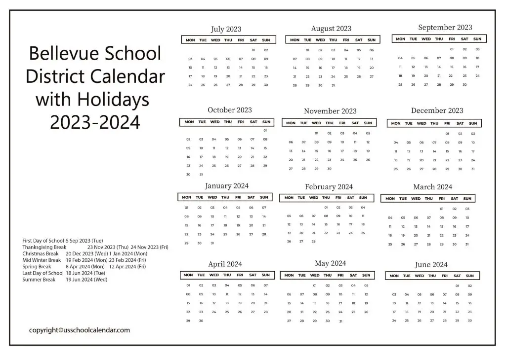 Bellevue School District Calendar