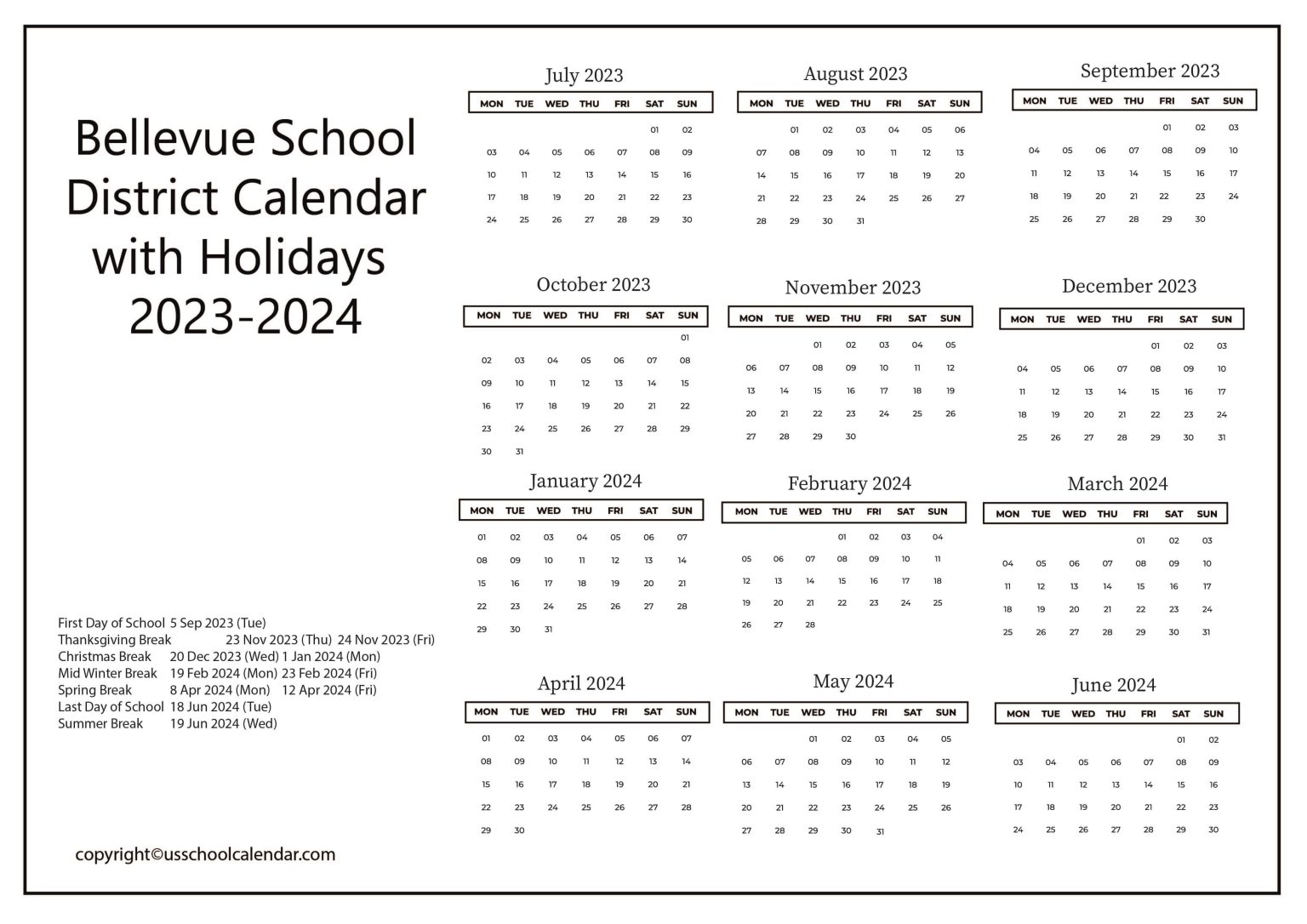 Bellevue School District Holidays US School Calendar