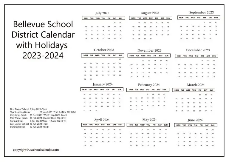 Bellevue School District Calendar with Holidays 20232024