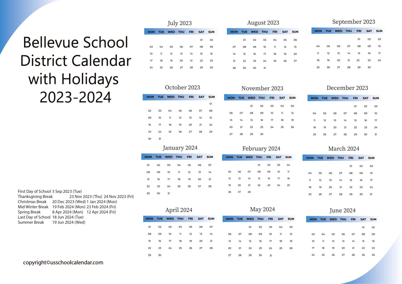 Bellevue School District Calendar with Holidays 20232024