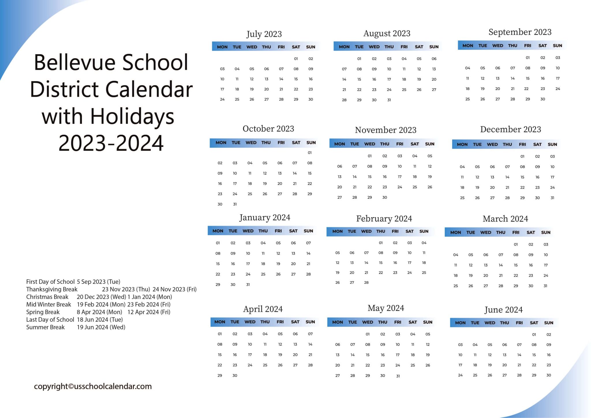 Bellevue School District Calendar With Holidays 2023-2024