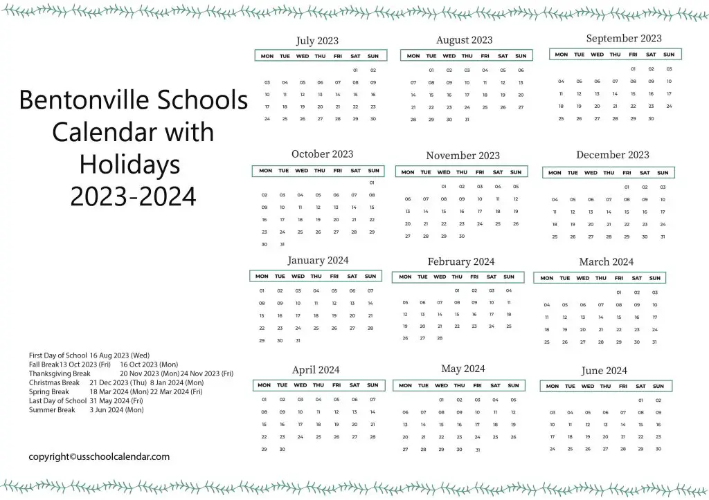 Bentonville Schools Calendar with Holidays 2023 2024