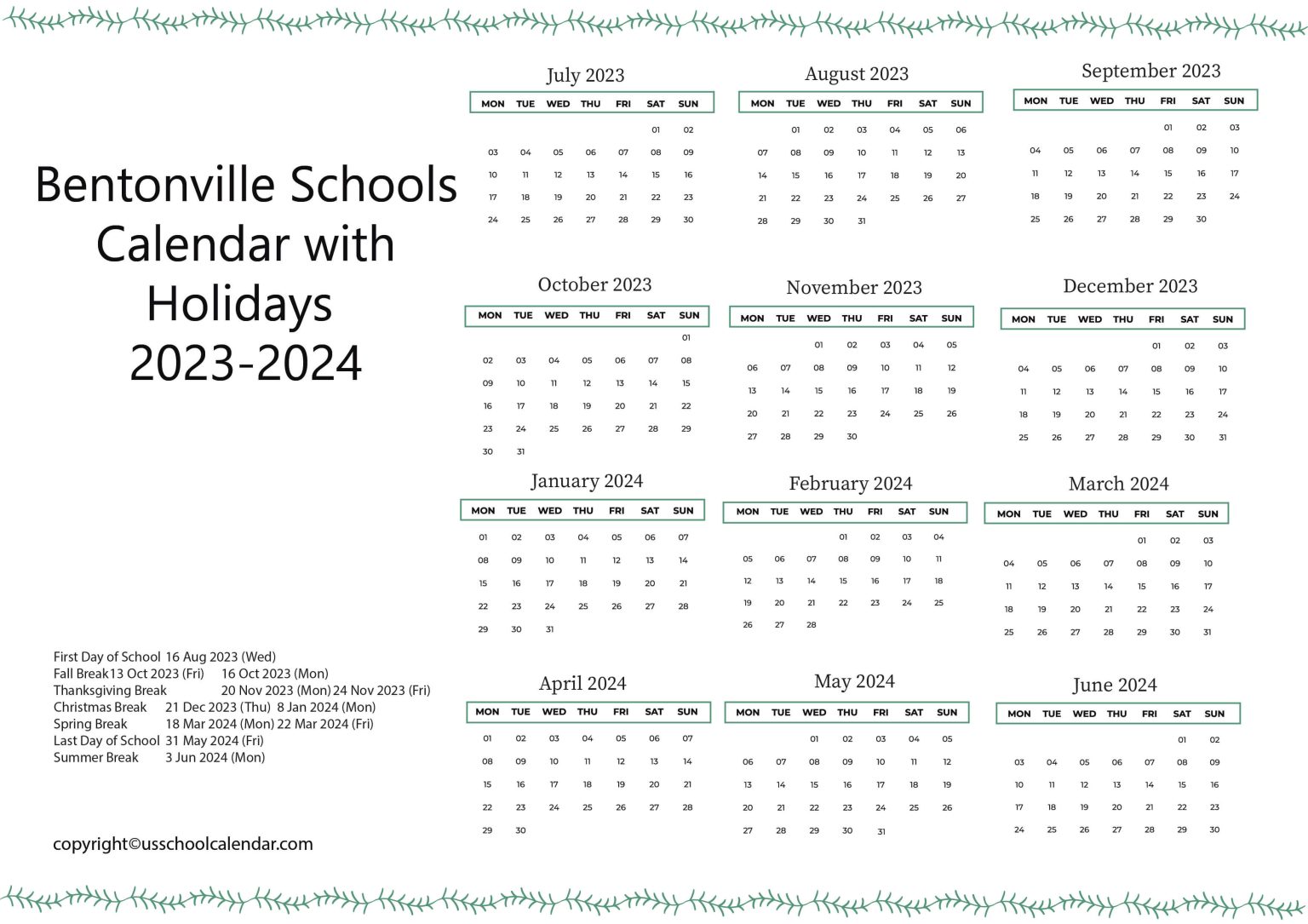 Bentonville Schools Calendar with Holidays 20232024