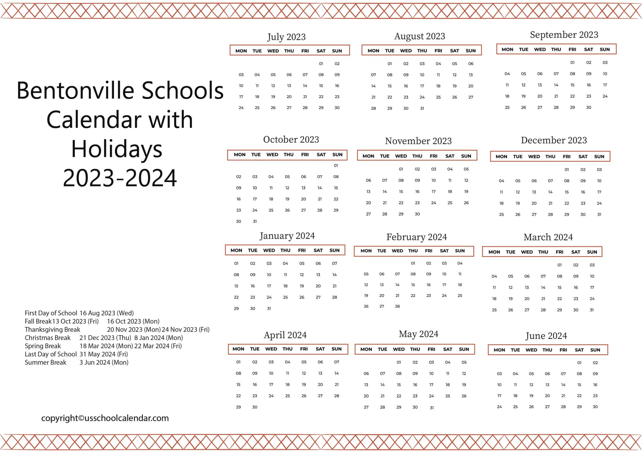 Bentonville Schools Calendar with Holidays 20232024