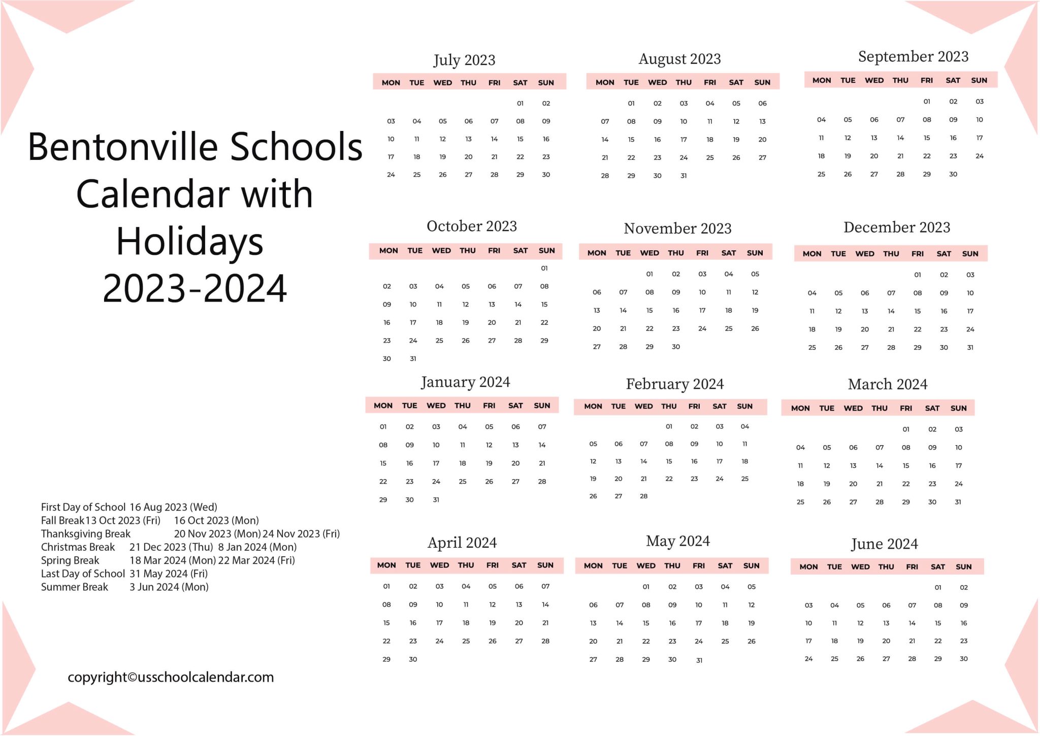 Bentonville Schools Calendar with Holidays 20232024