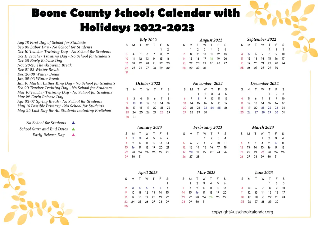 Boone County Schools Calendar with Holidays 2022-2023