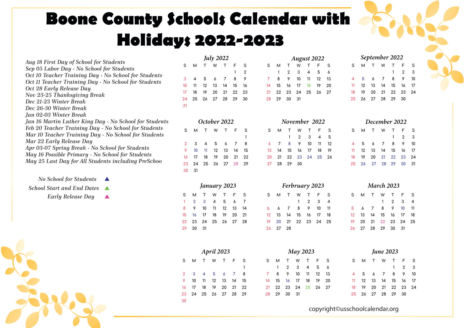 Boone County Schools Calendar with Holidays 20222023