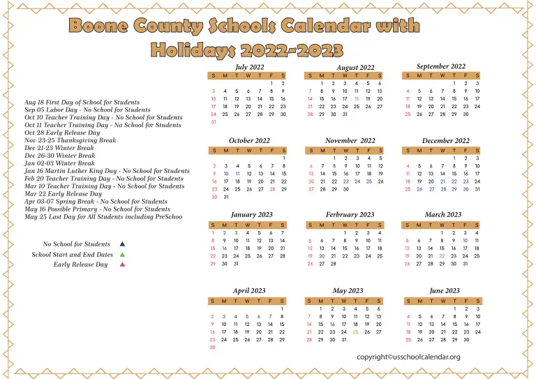 Boone County Schools Calendar with Holidays 20222023