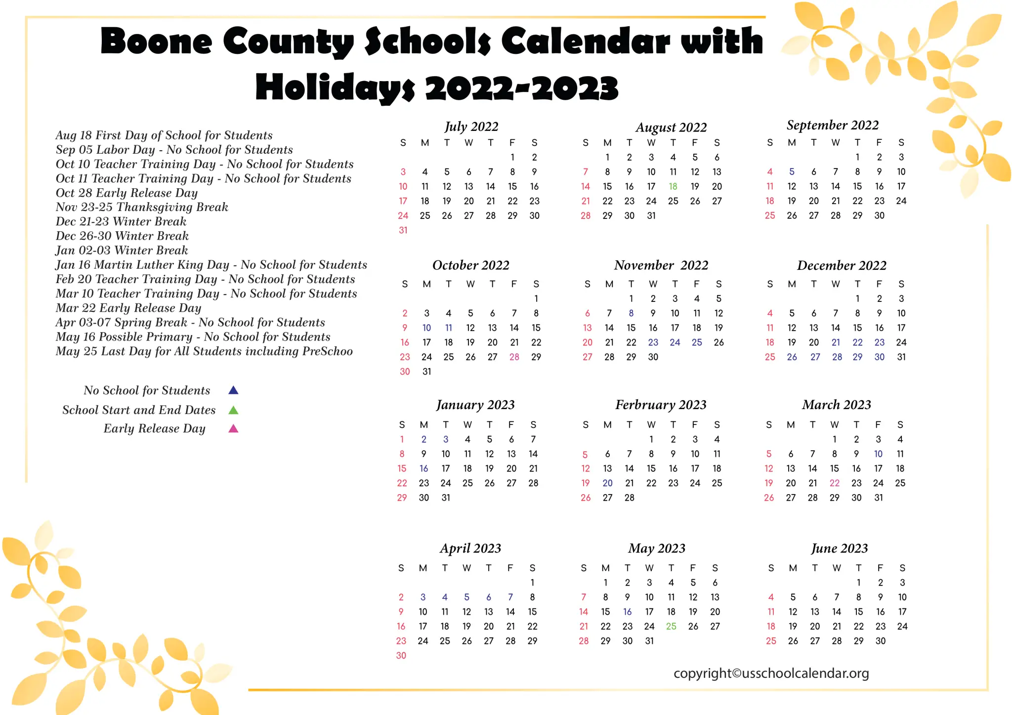 Boone County Schools Calendar with Holidays 20222023