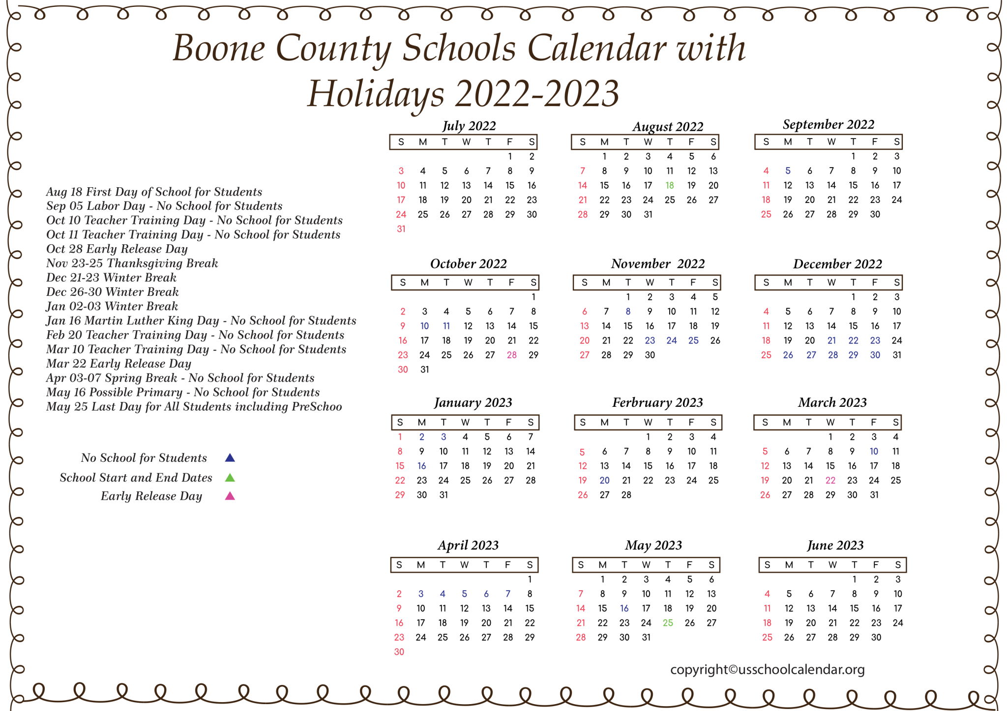 Boone County Schools Calendar with Holidays 20222023