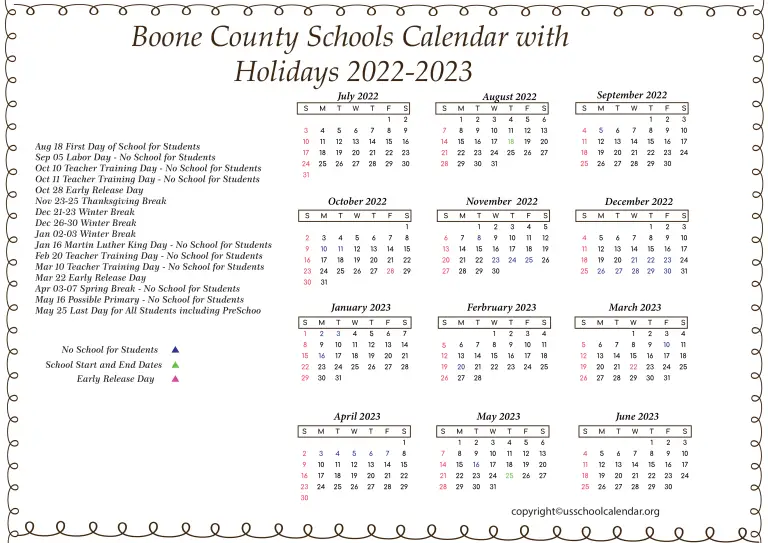Boone County Schools Calendar with Holidays 20222023