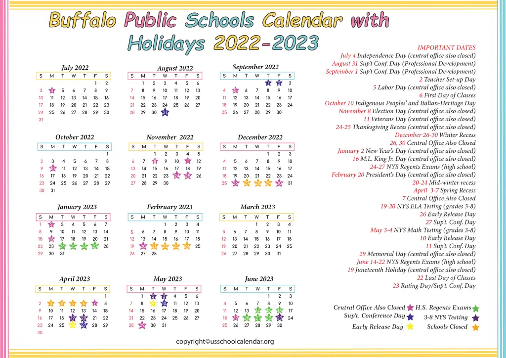 Buffalo Public Schools Calendar with Holiday 2022-2023