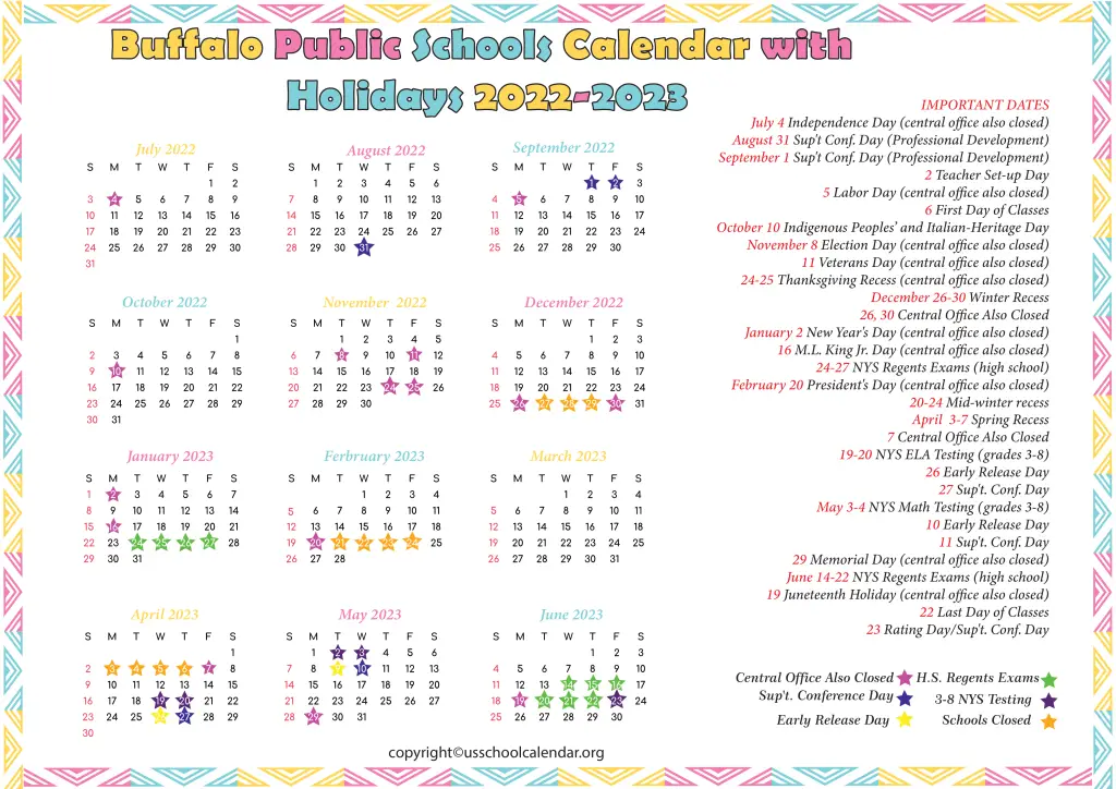 Buffalo Public Schools Calendar with Holiday 2022-2023