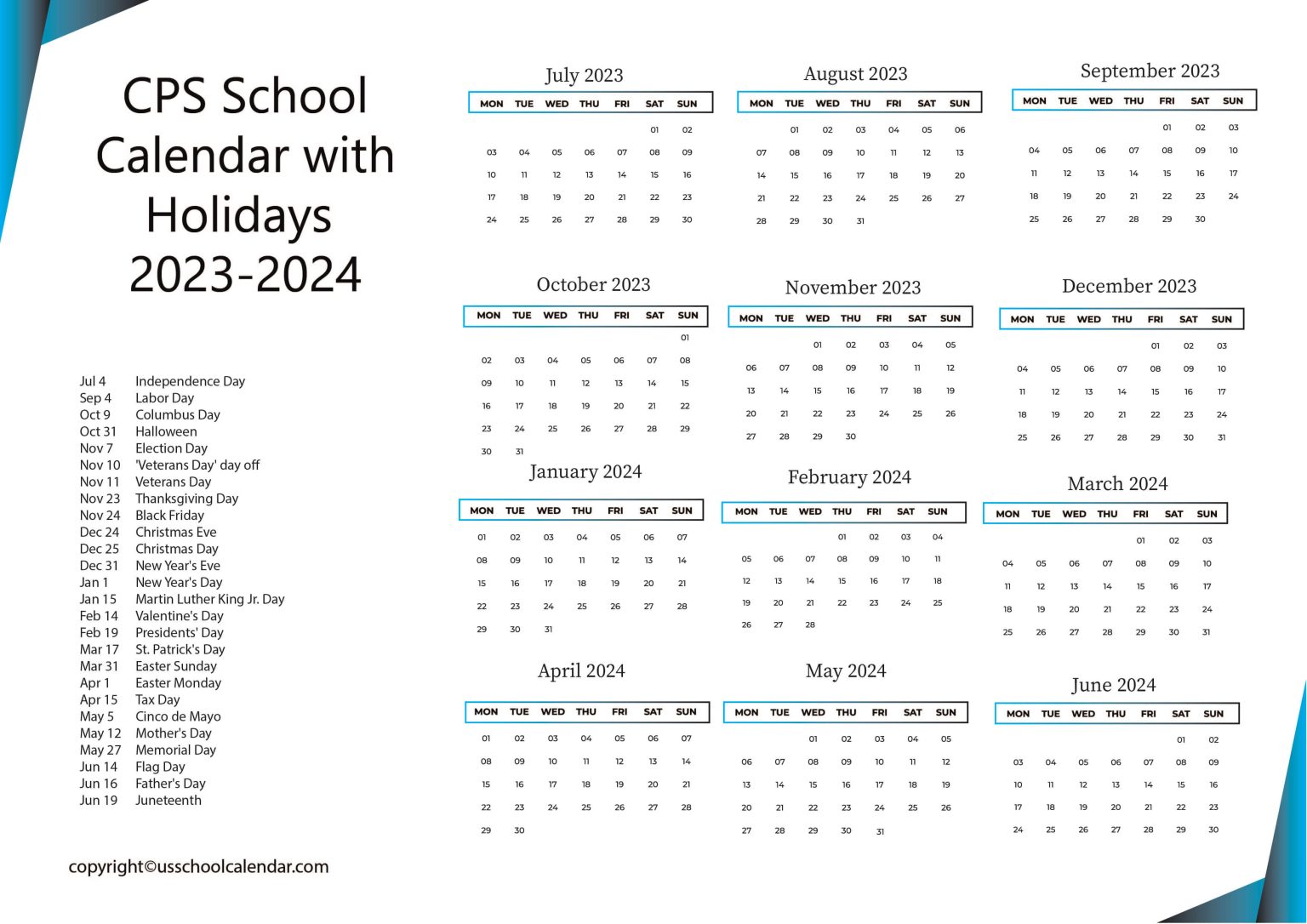CPS School Calendar with Holidays 20232024
