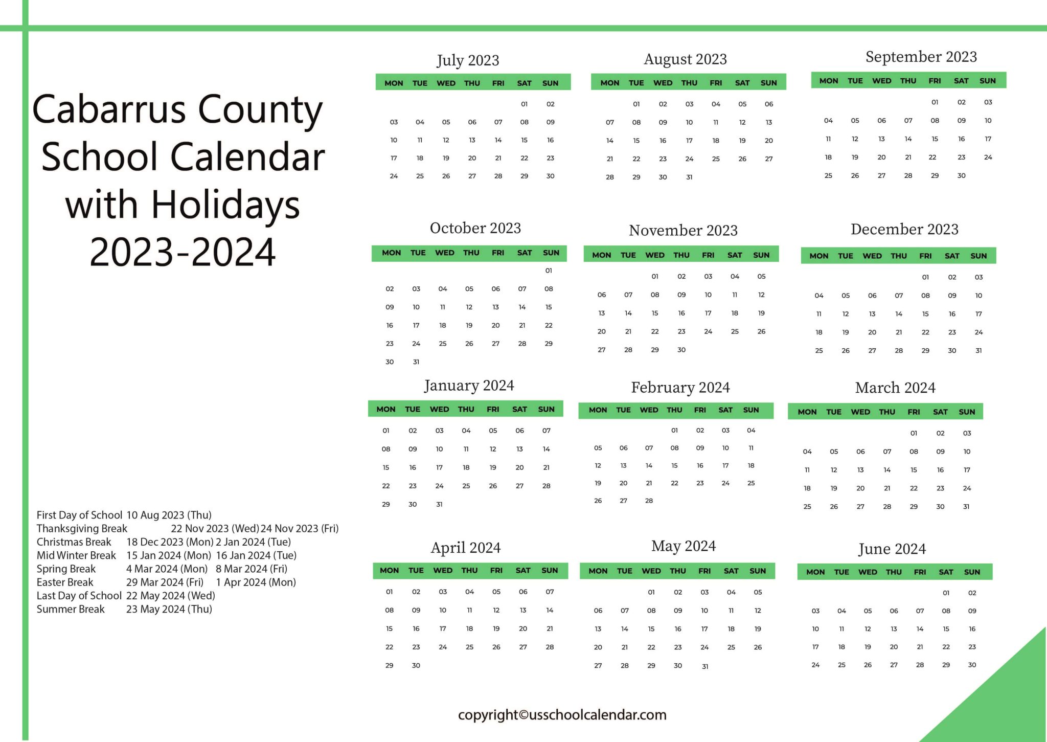 Cabarrus County School Calendar with Holidays 2023-2024