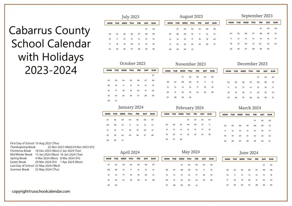 Cabarrus County School District Calendar
