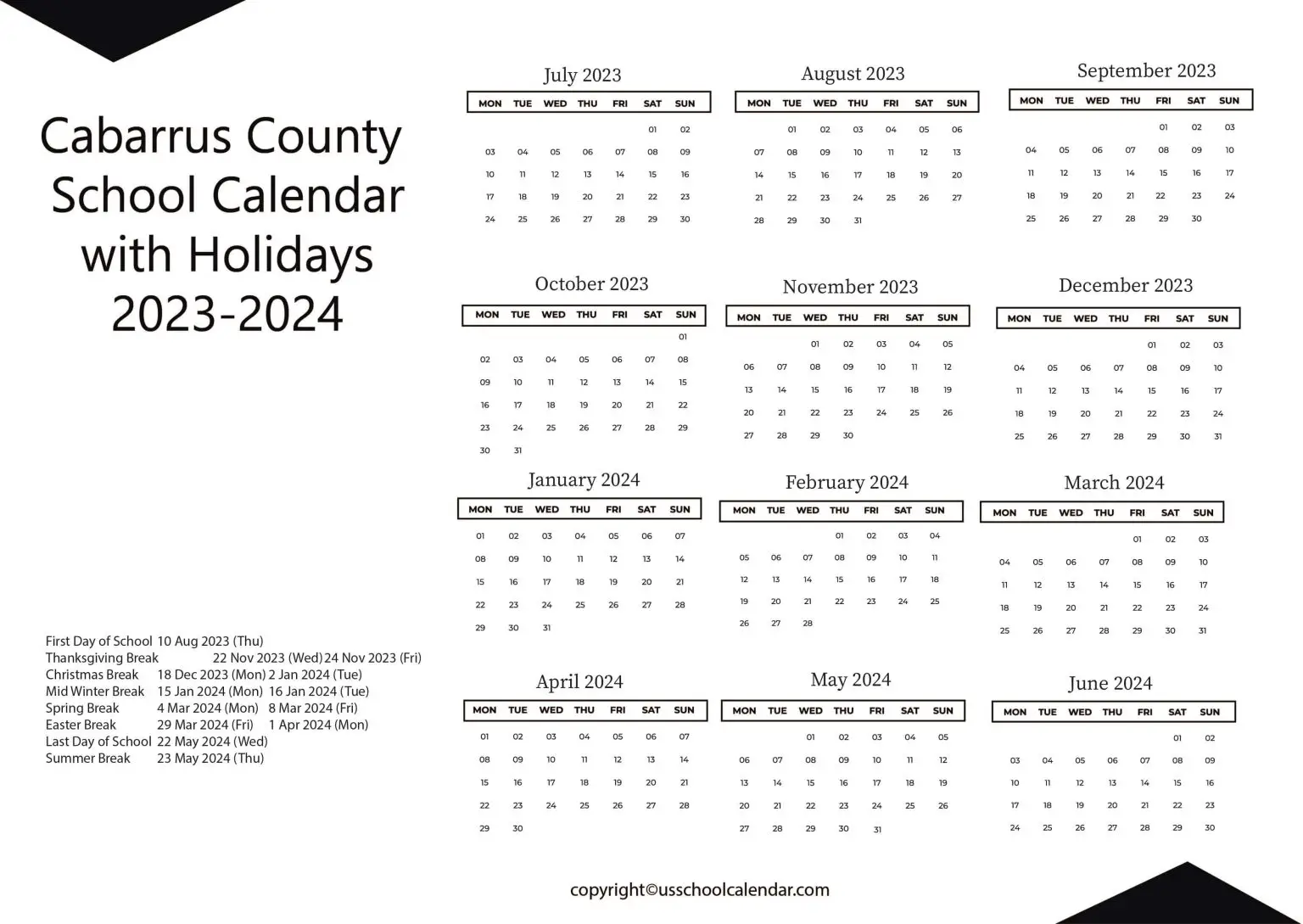 Cabarrus County School Calendar with Holidays 20232024