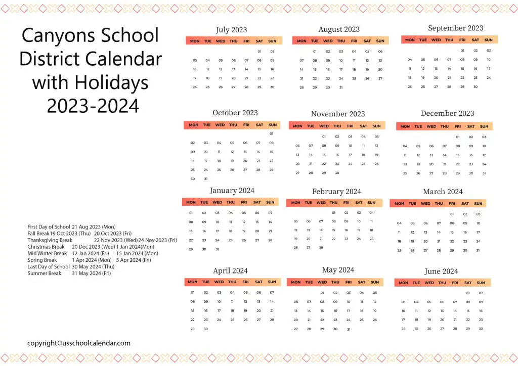 Canyons School District Calendar