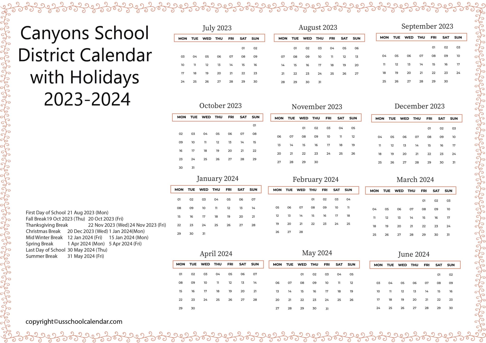 Canyons School District Calendar with Holidays 20232024